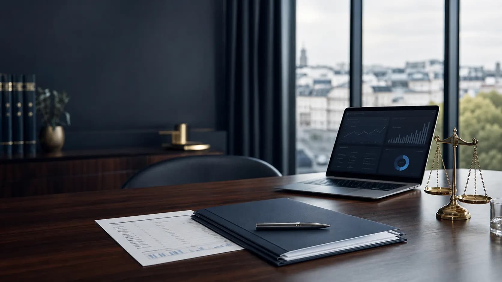 Bankjuridisk rådgivning med handlingar, laptop och vågskål på konferensbord